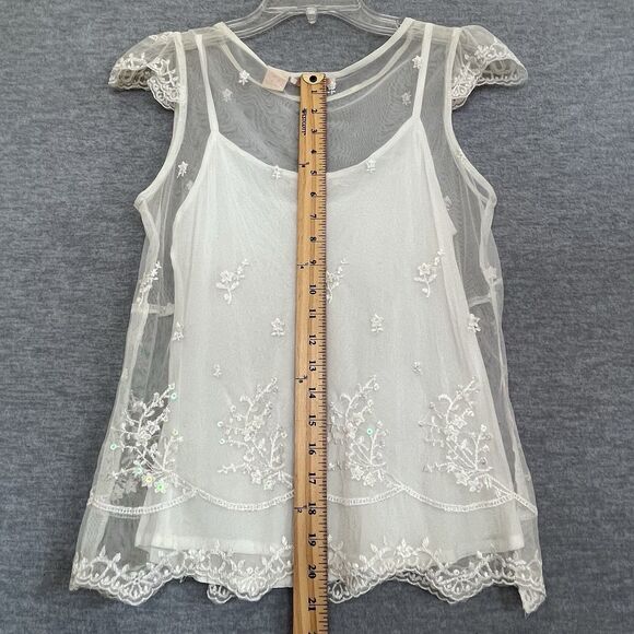 Forever 21 Sheer Vintage Y2K Top Size M Dainty Fairycore Floral Embroidered Mesh - Picture 11 of 14